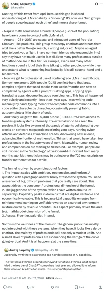 Poco fa, Karpathy ha affermato che in tutto il mondo ci sono solo 5000 persone che hanno effettivamente avuto contatto con le più avanzate tecnologie di intelligenza artificiale.